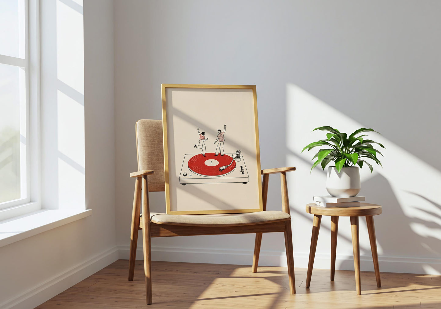 Playful record player wall art showing two miniature dancers enjoying music on top of a turntable.