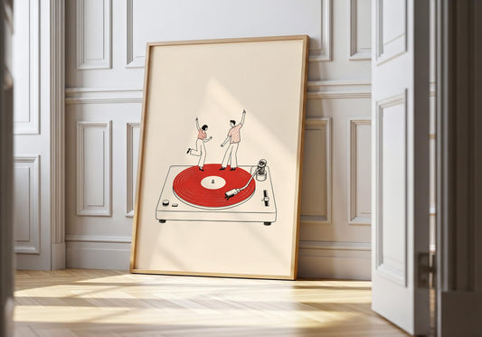 Retro vinyl record wall art featuring two small dancing figures standing on a red record and turntable.