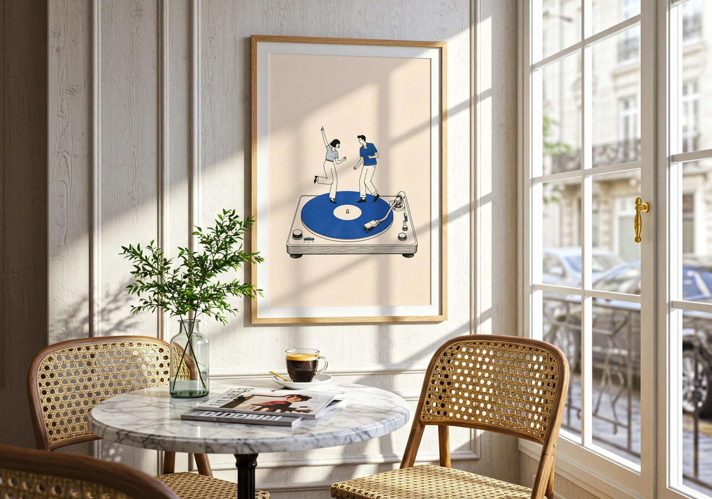 Playful couple artwork featuring two tiny dancers standing on a bold blue vinyl record.
