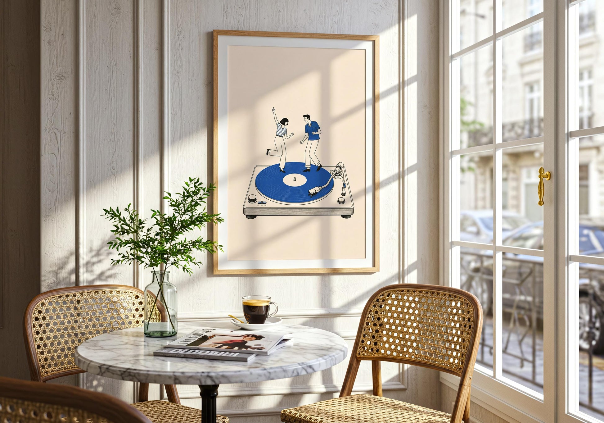 Playful couple artwork featuring two tiny dancers standing on a bold blue vinyl record.