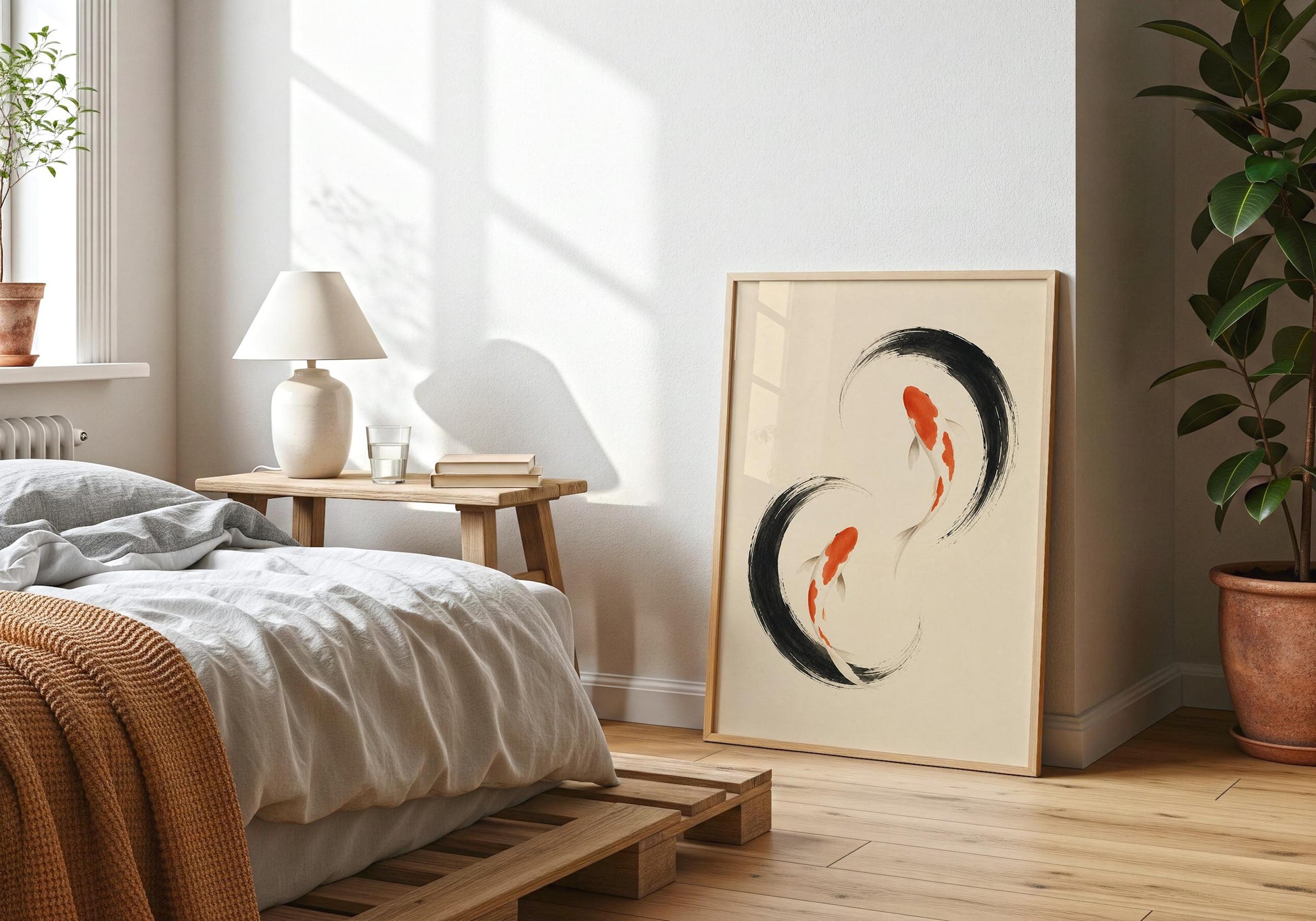 Neutral Japanese-style print showing two koi swimming within loose black ink circles against a warm beige background.