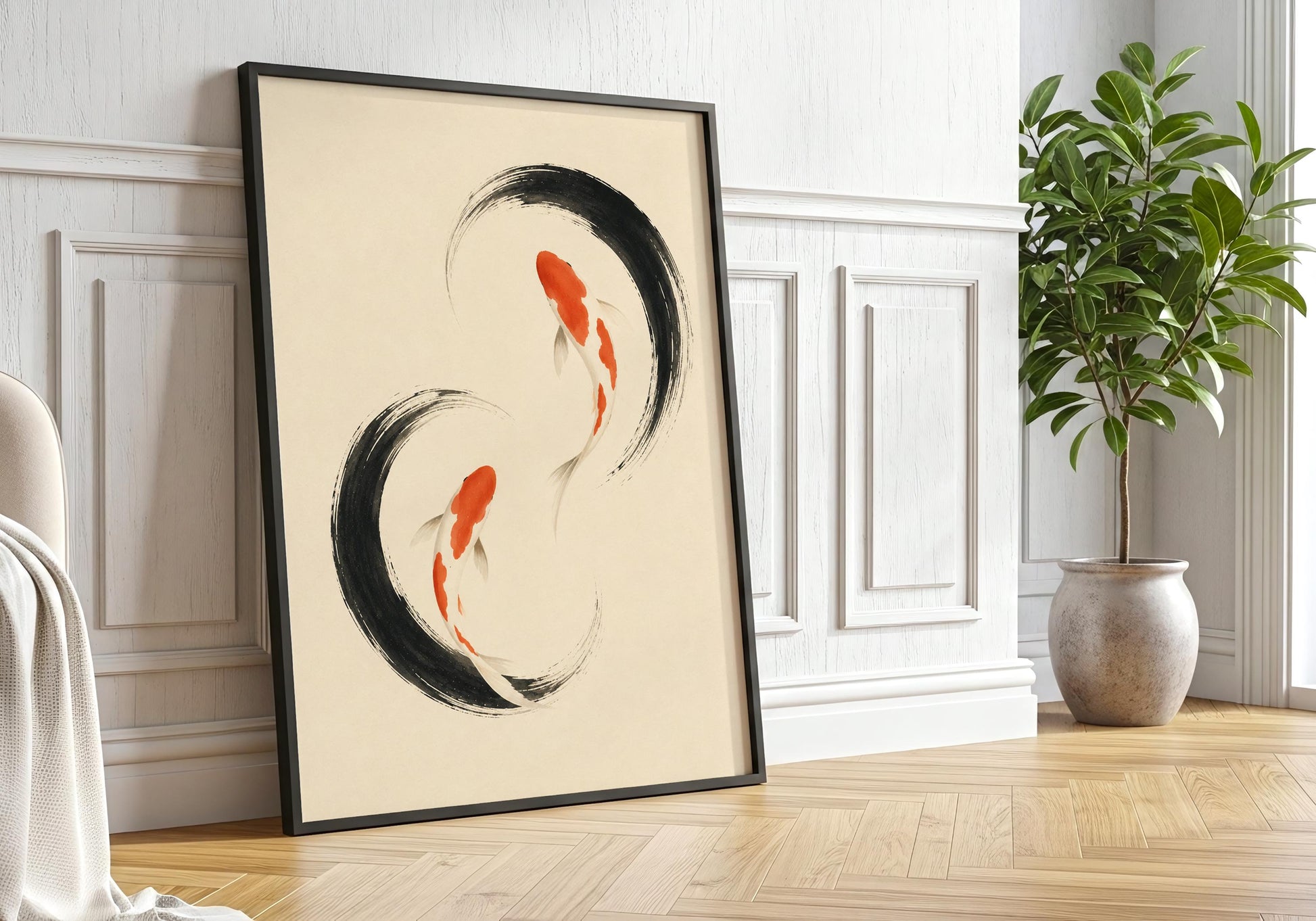 Japandi wall art featuring paired koi fish, black ink brushwork and a soft parchment-coloured background.