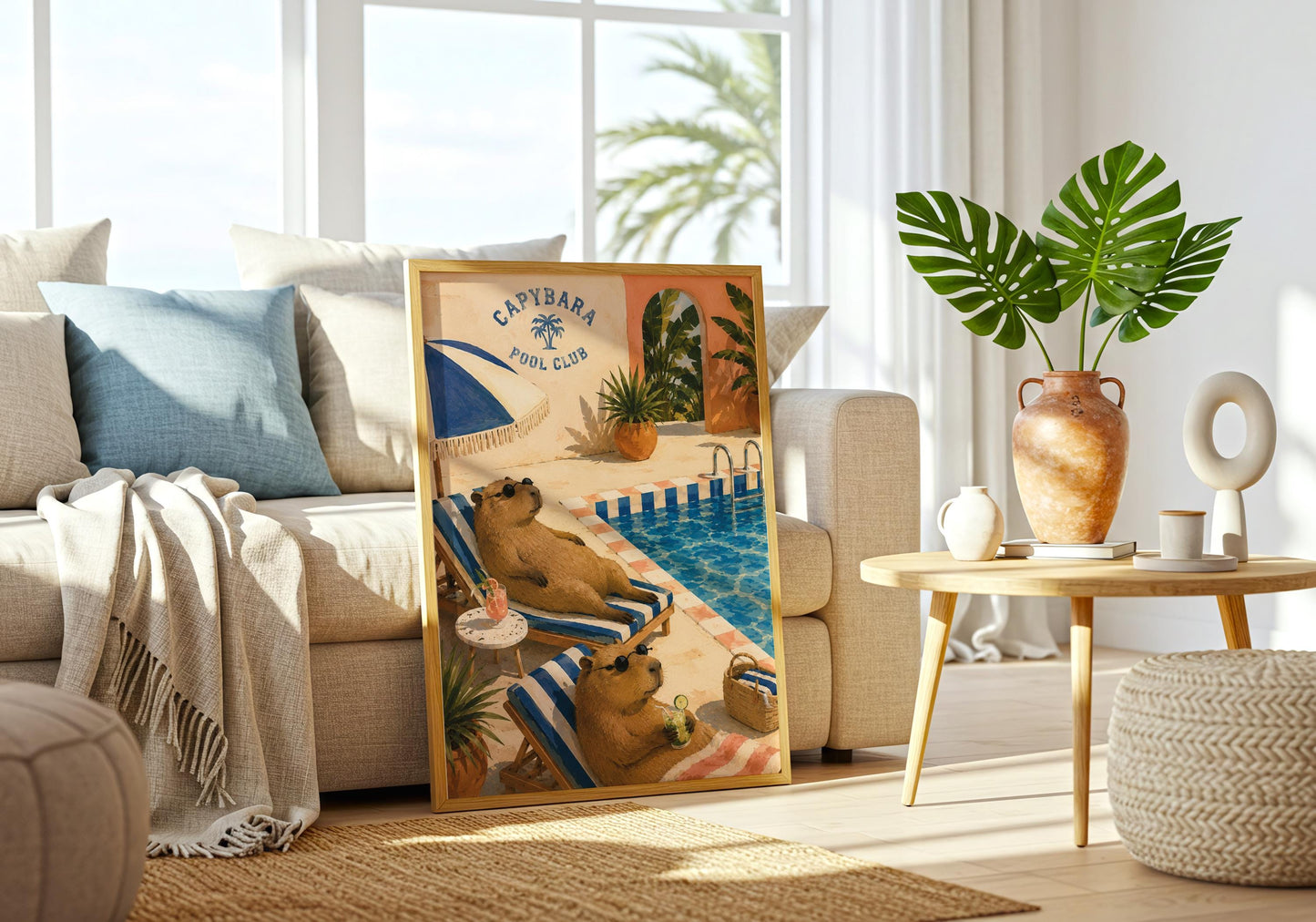 Quirky animal wall art showing sunglass-wearing capybaras relaxing beside a blue pool in a retro resort setting.