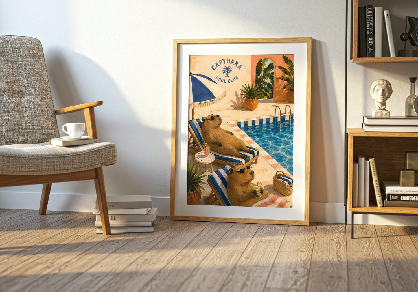 Colourful summer print featuring two capybaras on poolside loungers surrounded by tropical plants and holiday drinks.