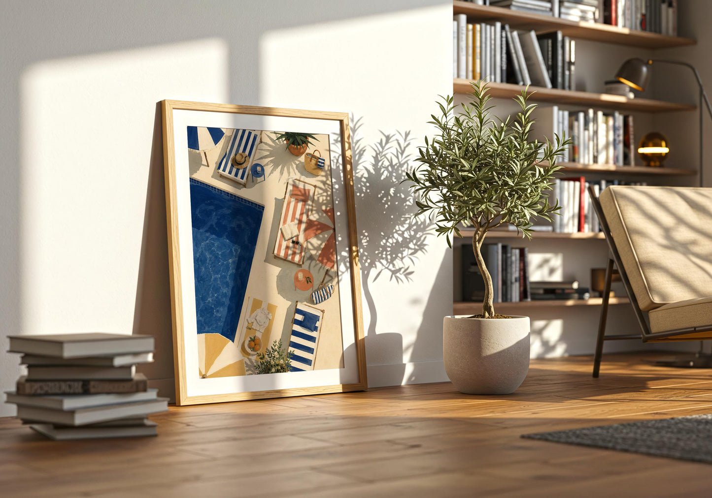 Painterly summer artwork showing an empty resort pool surrounded by colourful loungers and relaxed holiday details.