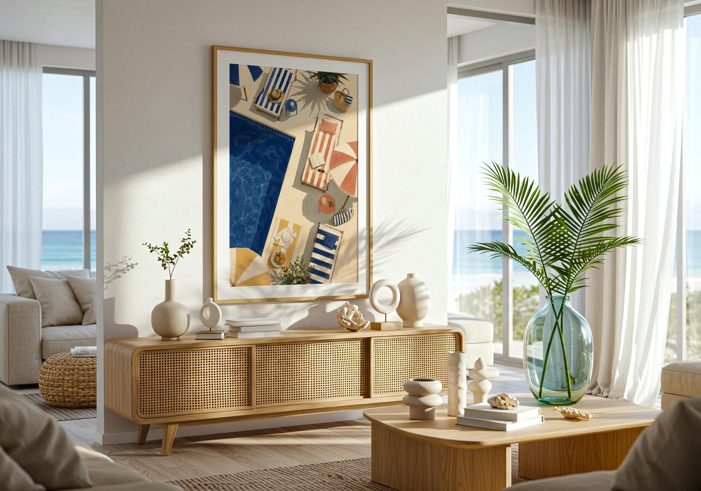 Coastal wall art showing an overhead poolside scene with parasols, woven beach bags and warm sunlit paving.
