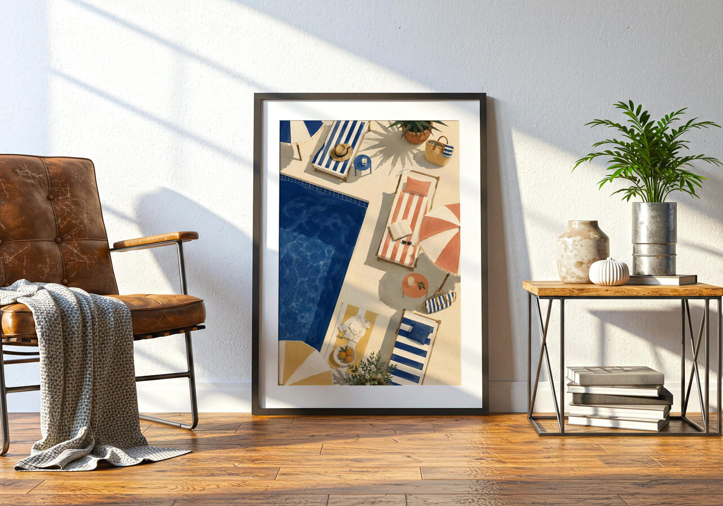 Summer holiday print featuring a quiet swimming pool surrounded by blue, terracotta and yellow striped loungers.