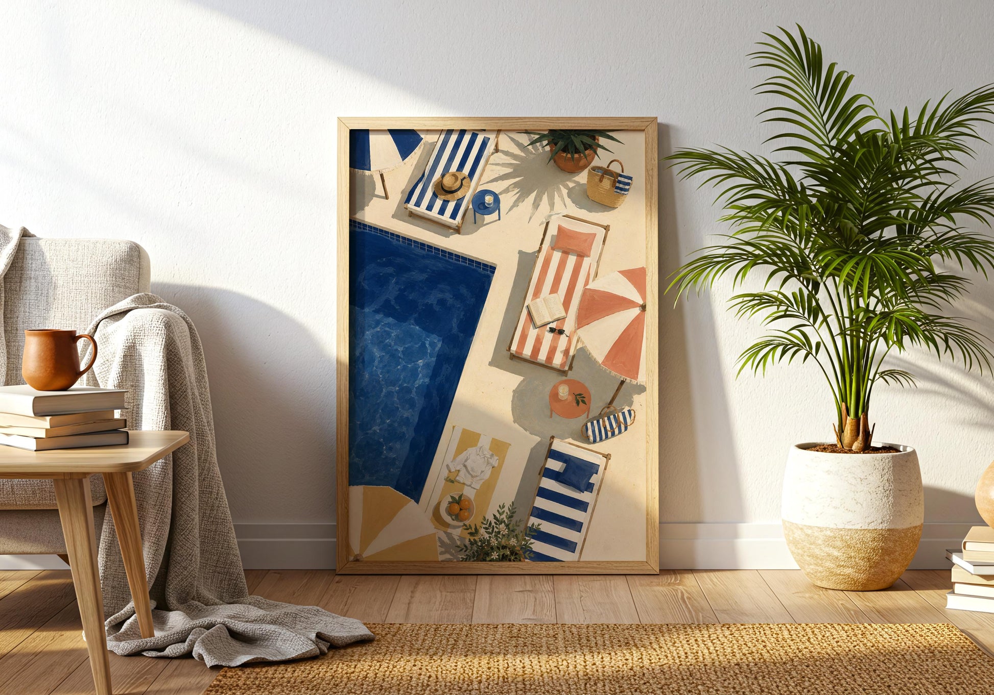 European summer-inspired wall print with cobalt blue, terracotta, cream and yellow in a sun-drenched poolside scene.