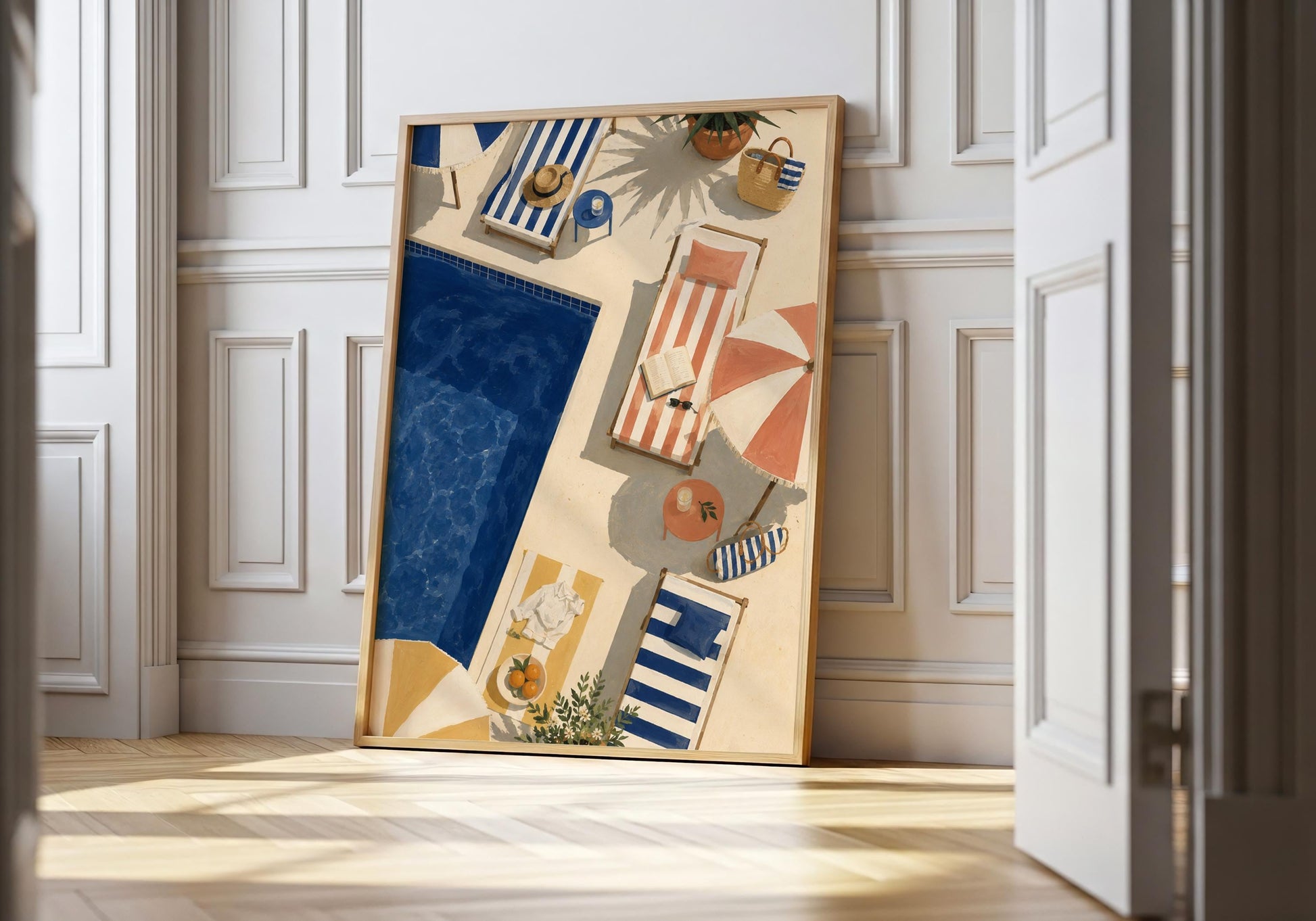 Mediterranean pool wall art viewed from above with cobalt blue water, striped sun loungers and colourful parasols.