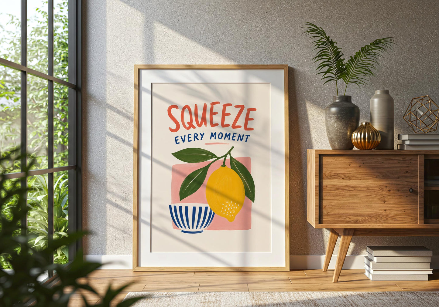 Colourful kitchen artwork featuring a lemon branch and blue-and-white striped bowl in a loose hand-painted style.