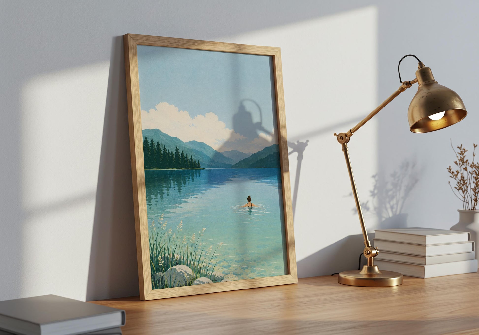 Peaceful mountain lake print featuring an open-water swimmer beneath a pale blue sky and soft white clouds.