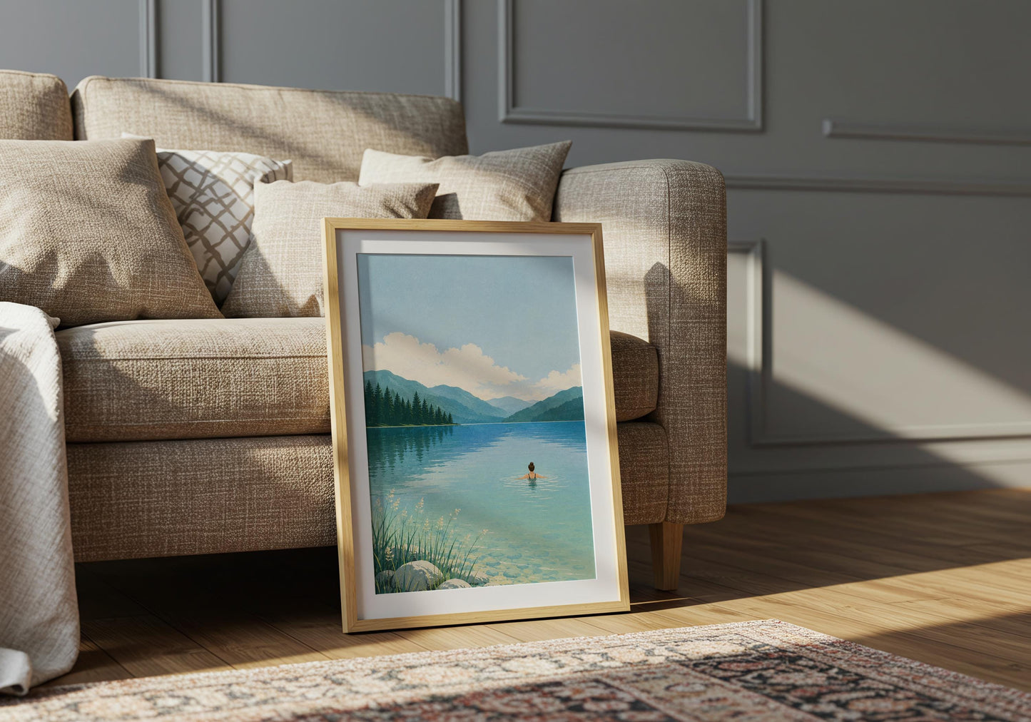 Calming blue landscape poster with mountain reflections, shoreline grasses and a solitary figure swimming in the lake.