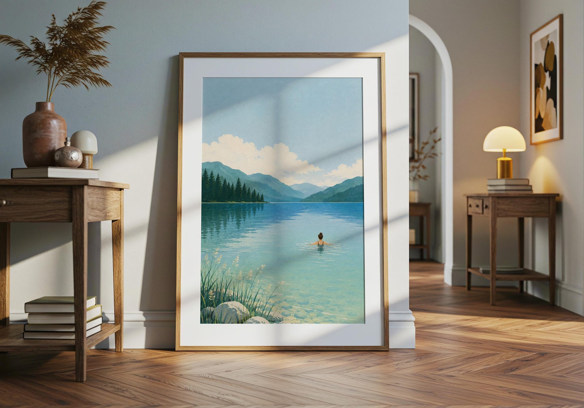 Open-water swimming print featuring a tranquil alpine-style lake, pine trees and a swimmer viewed from behind.