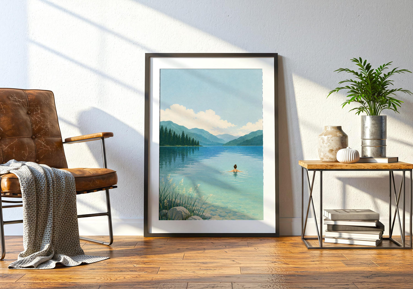 Mountain and lake artwork featuring soft blue-green tones and a nostalgic vintage travel-poster texture.