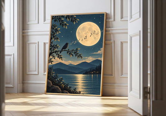 Moonlit Birds Lake, leaning in the light wood hero frame against white panelling.