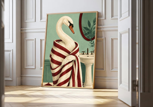Soap Opera Swan, leaning in the light wood hero frame against white panelling.