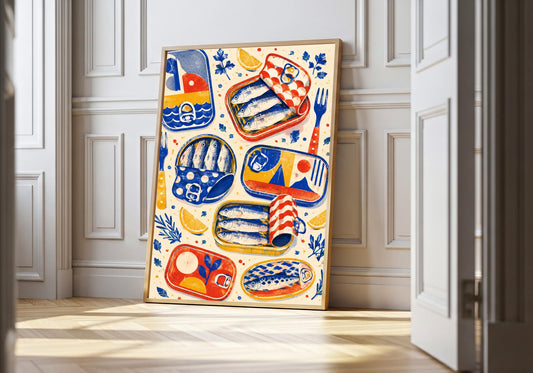 Tinned Fish Party, leaning in the light wood hero frame against white panelling.