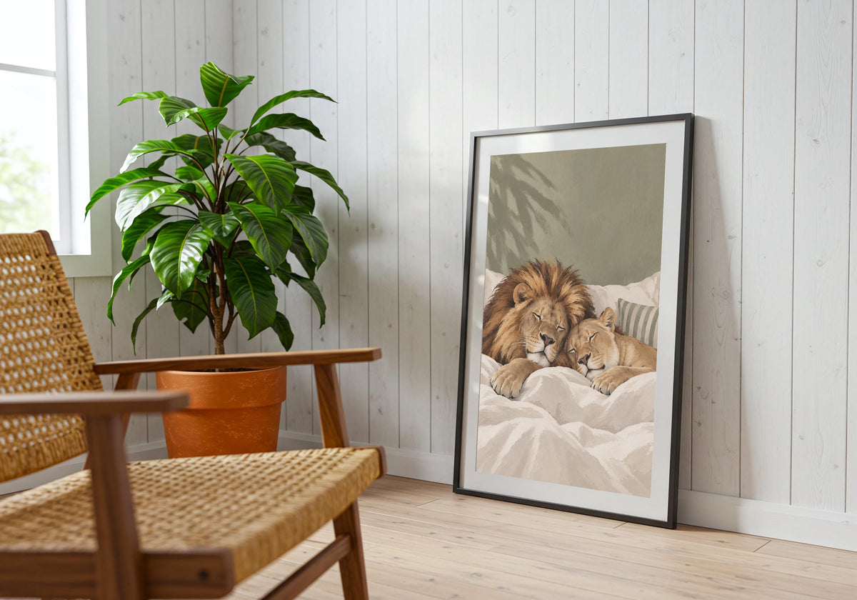 Portrait view of Sleeping Lions, with a lion and cub enjoying a peaceful bedtime cuddle, styled in a calm reading corner with a portrait frame.