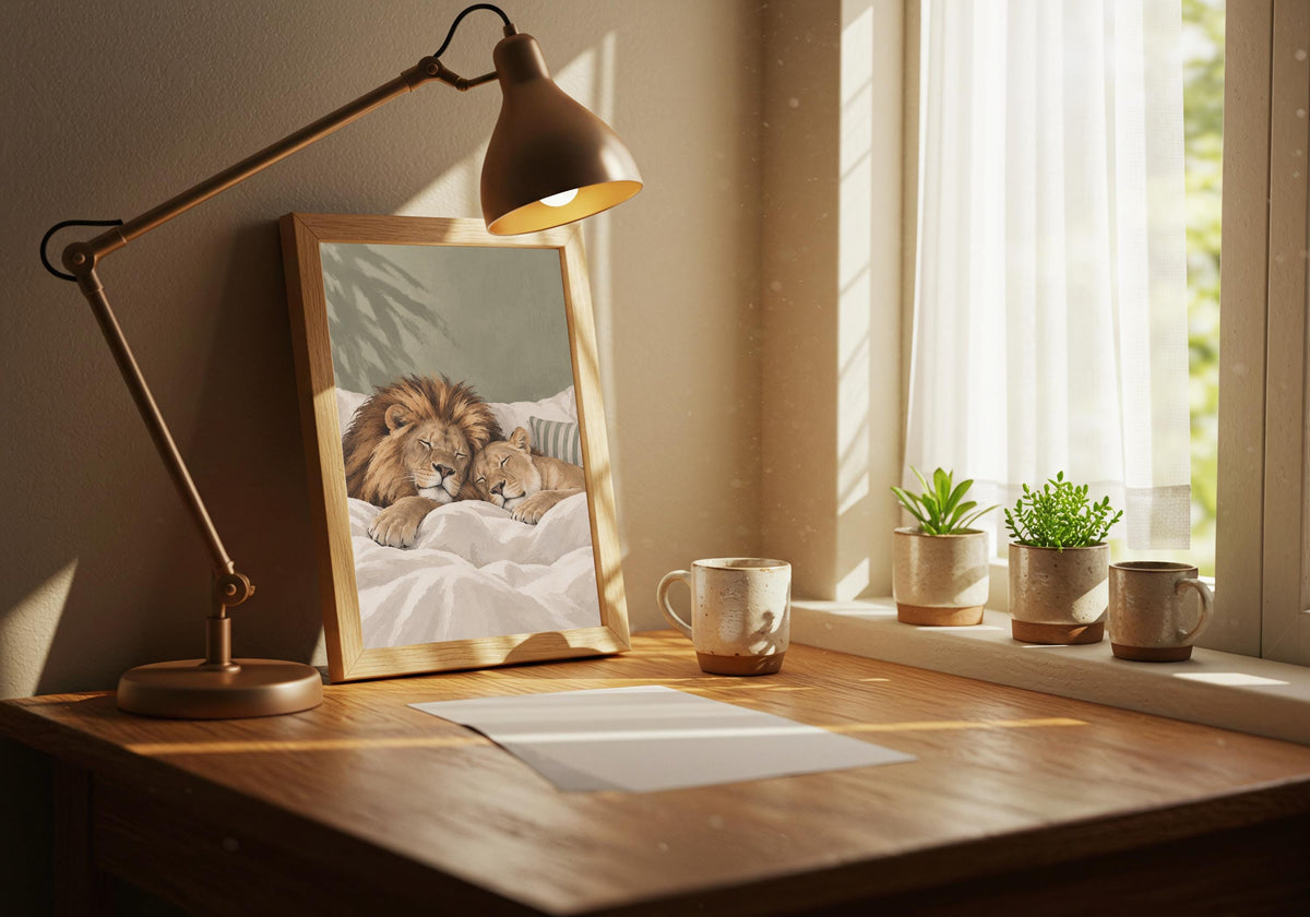Sleeping Lions wall art showing a lion and cub enjoying a peaceful bedtime cuddle, displayed beside records in a characterful listening corner.
