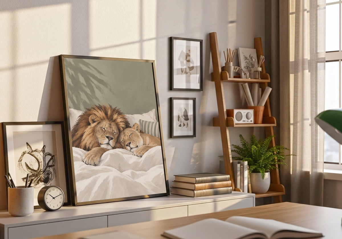 Sleeping Lions portrait print depicting a lion and cub enjoying a peaceful bedtime cuddle, shown in a light natural-wood frame with green foliage.