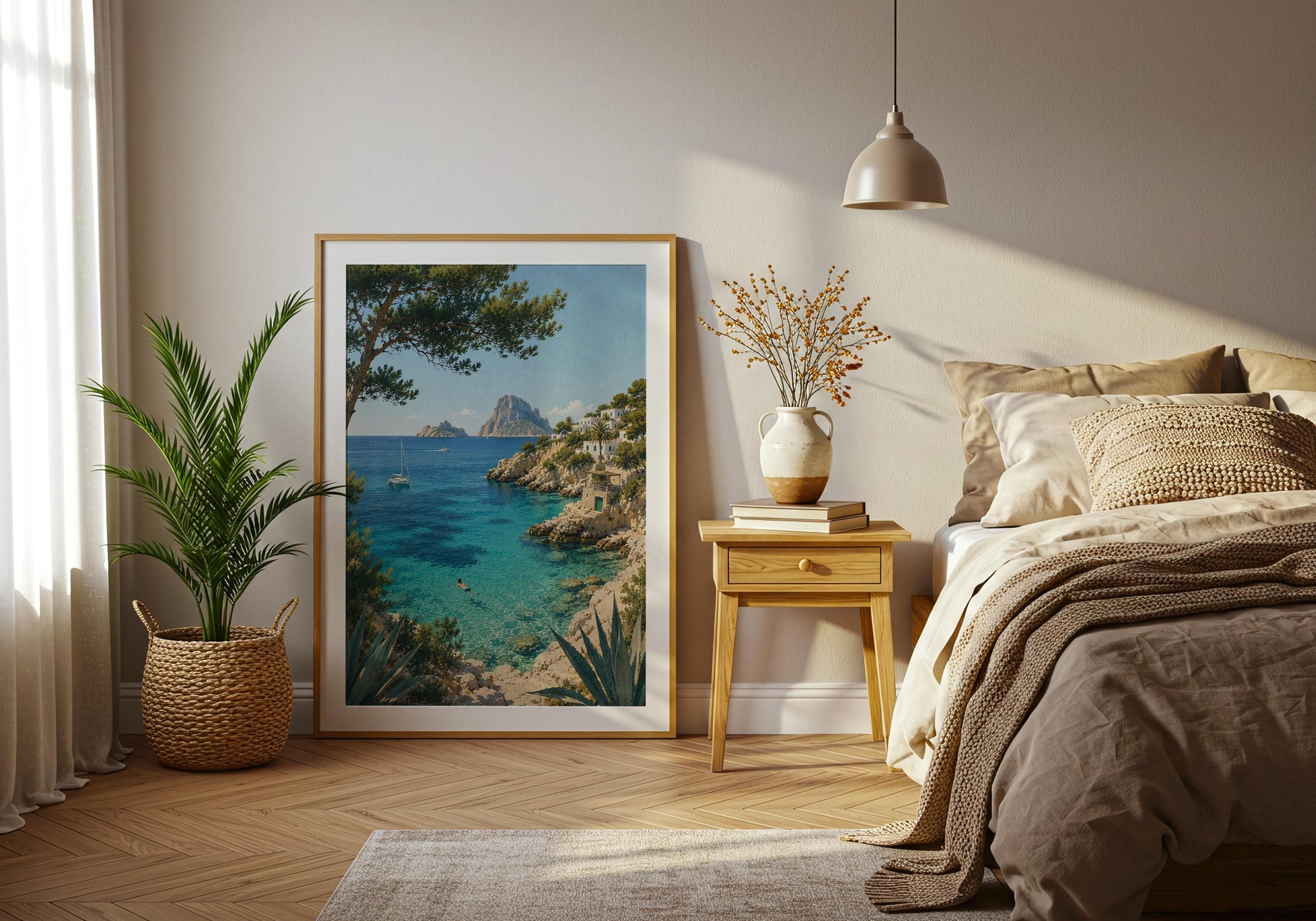 Coastal travel poster style artwork featuring a clear turquoise cove, Mediterranean pine tree and rocky island landscape.