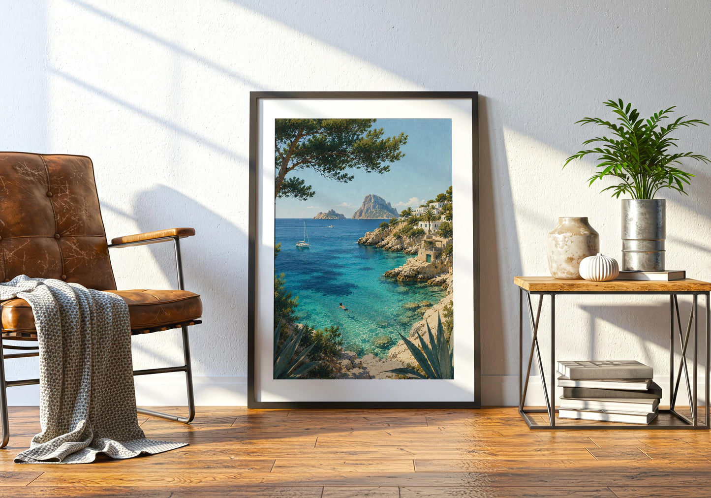 Mediterranean wall decor featuring whitewashed coastal buildings, clear blue sea, pine branches and agave plants.