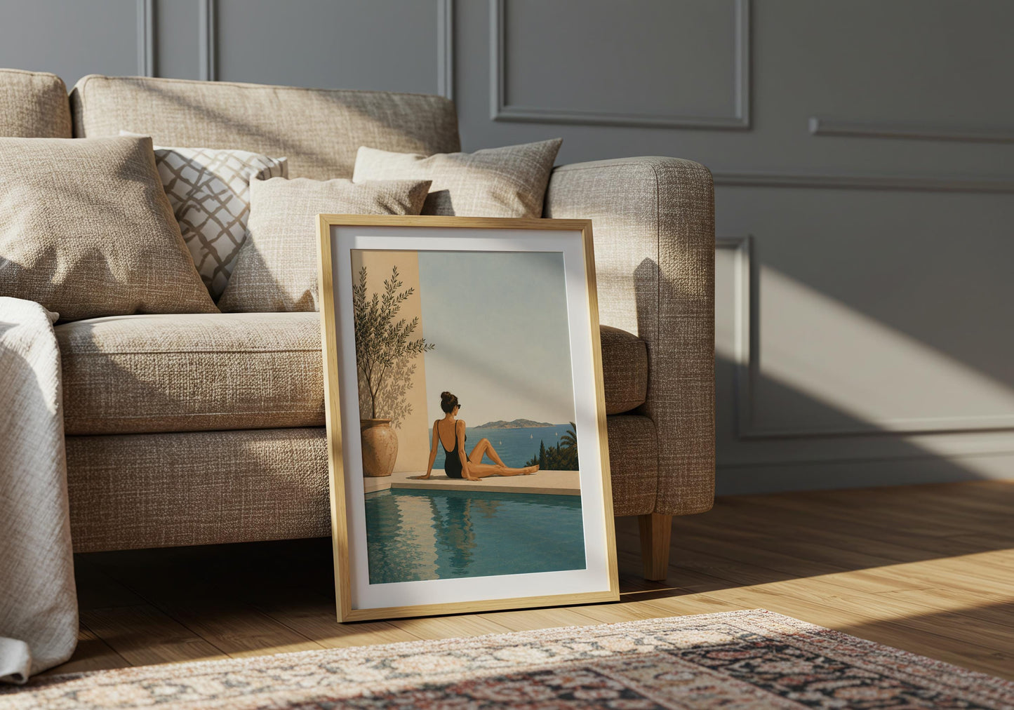 Poolside art print showing a woman looking across the sea with sailing boats and distant Mediterranean islands.