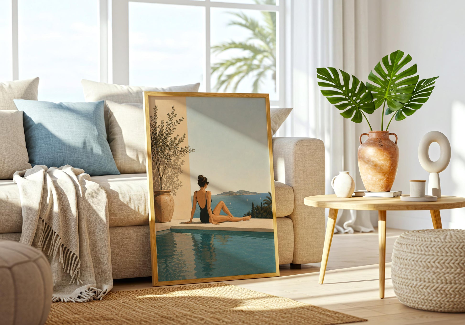Serene summer artwork featuring reflective swimming pool water, a sunlit terrace and coastal landscape beyond.