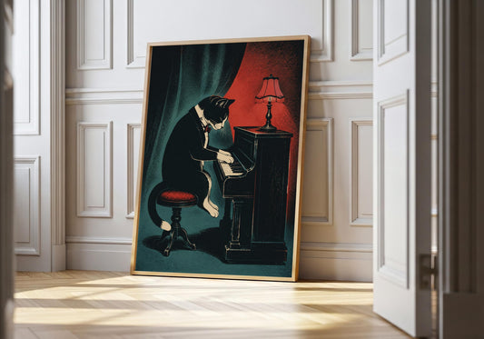 Tuxedo Jazz Night cat jazz print featuring a tuxedo cat playing piano in a smoky late-night jazz club, leaning in a light natural-wood hero frame against bright white panelling.
