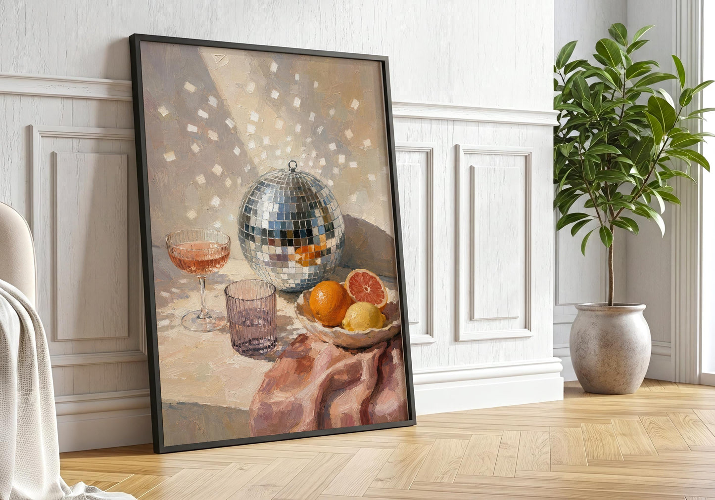 Retro cocktail art print with a coupe glass, disco ball, orange, lemon and sliced grapefruit in warm pastel tones.