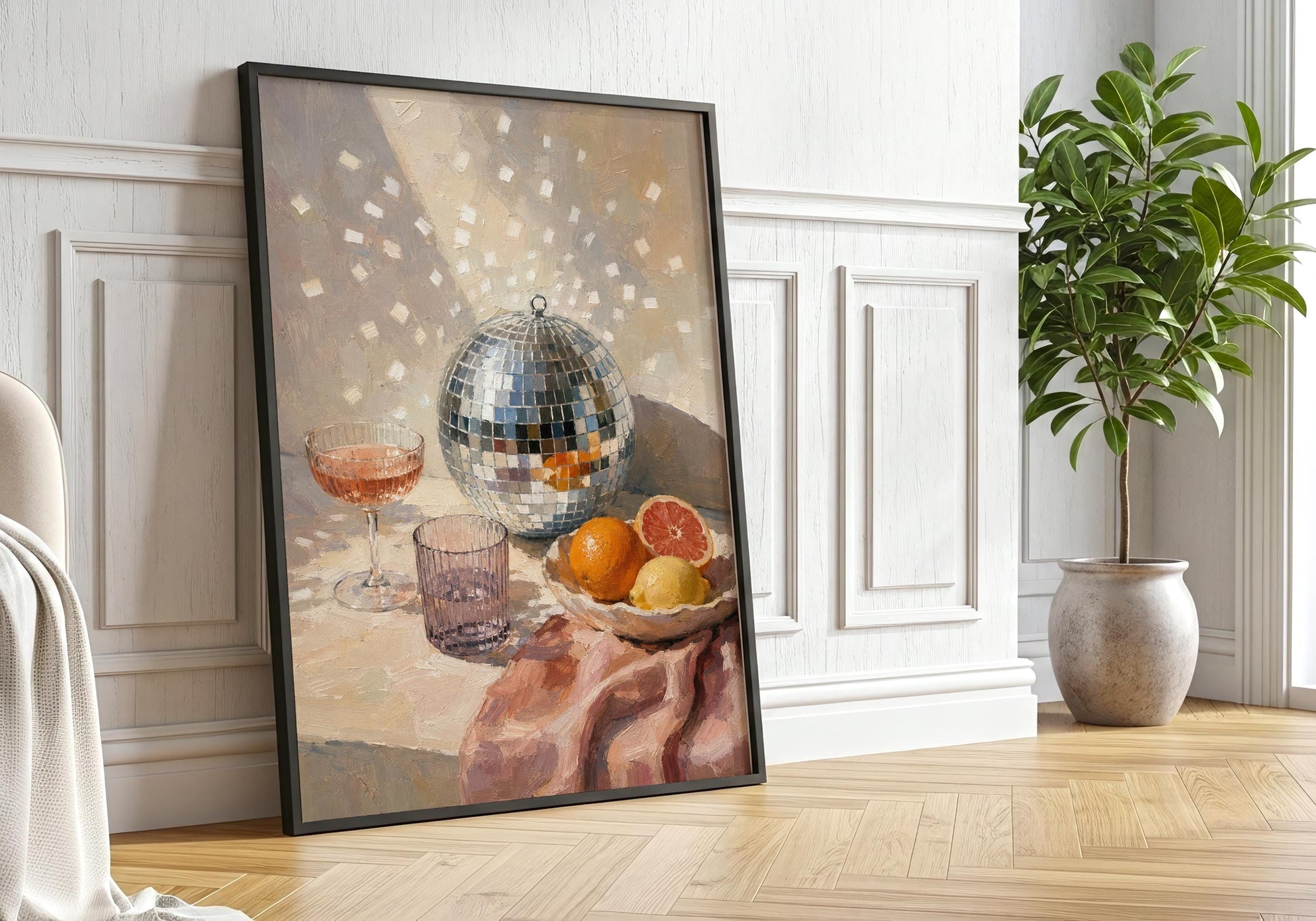 Retro cocktail art print with a coupe glass, disco ball, orange, lemon and sliced grapefruit in warm pastel tones.