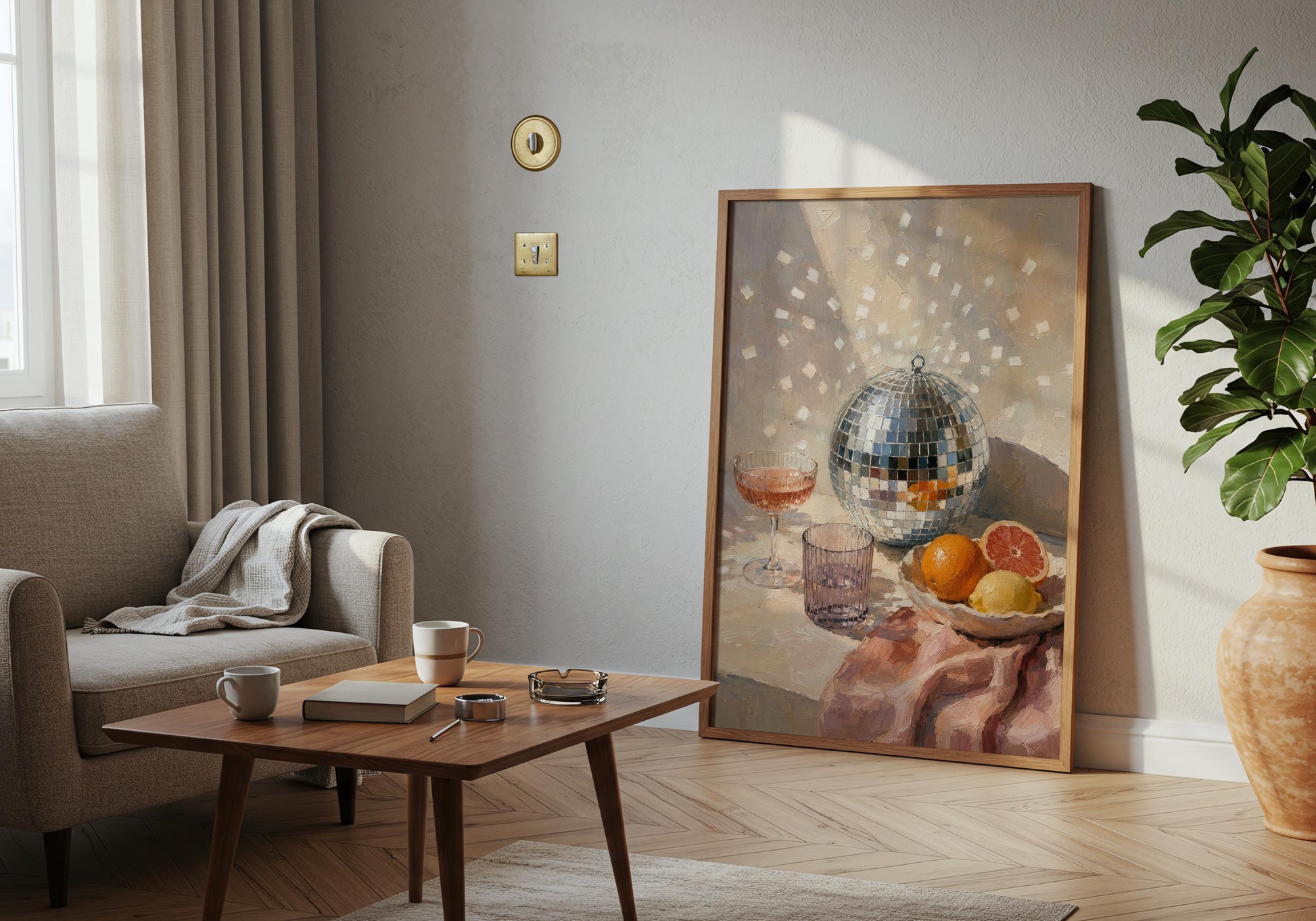 Retro kitchen wall art in cream, blush, orange, mauve and silver with a disco ball and fruit still life composition.
