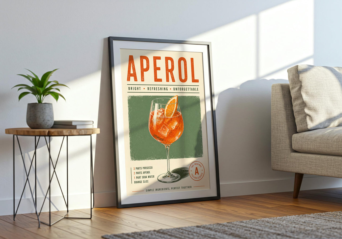 Retro cocktail print in cream, sage green and orange with an illustrated Aperol Spritz glass and recipe-inspired details.