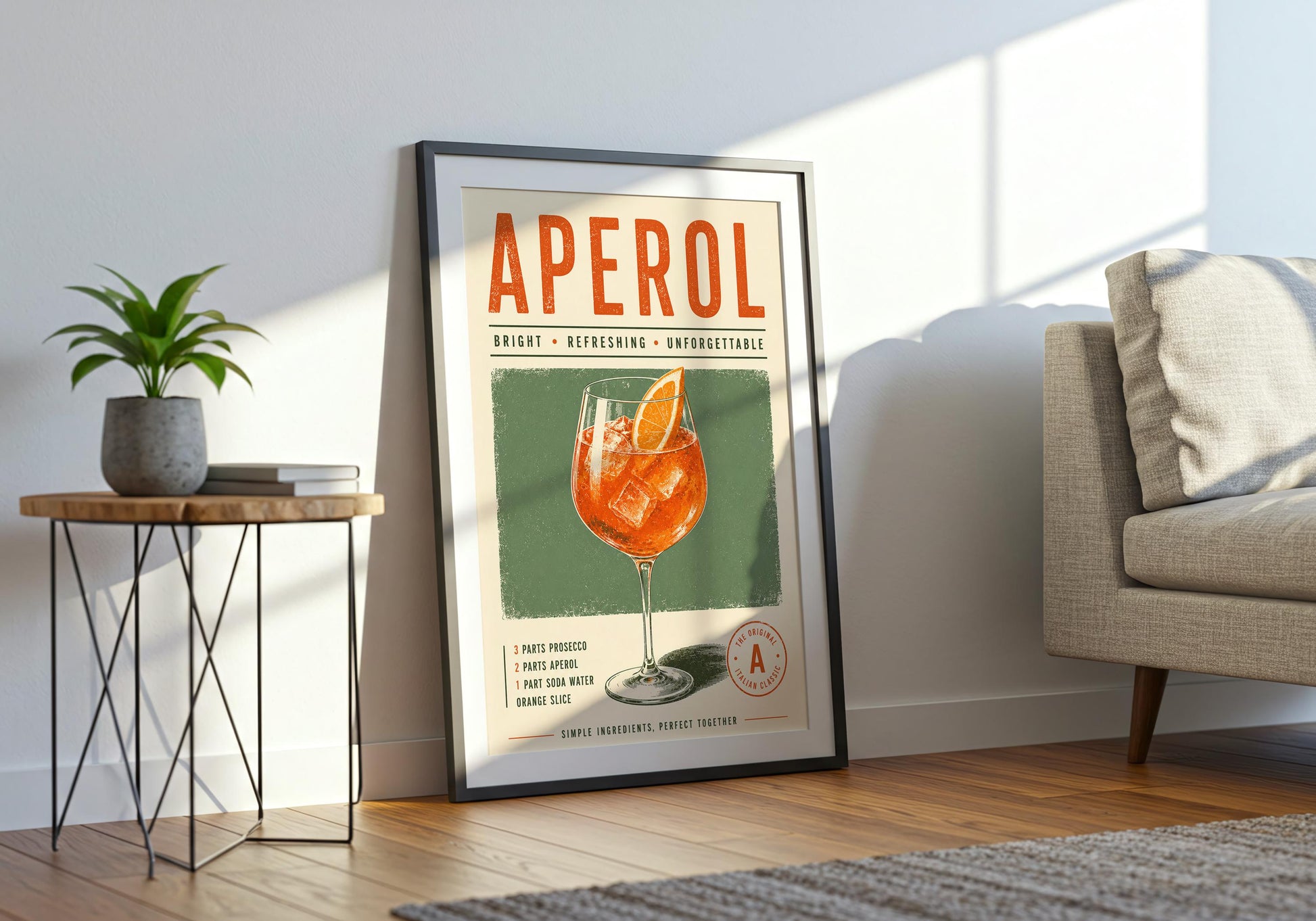 Retro cocktail print in cream, sage green and orange with an illustrated Aperol Spritz glass and recipe-inspired details.