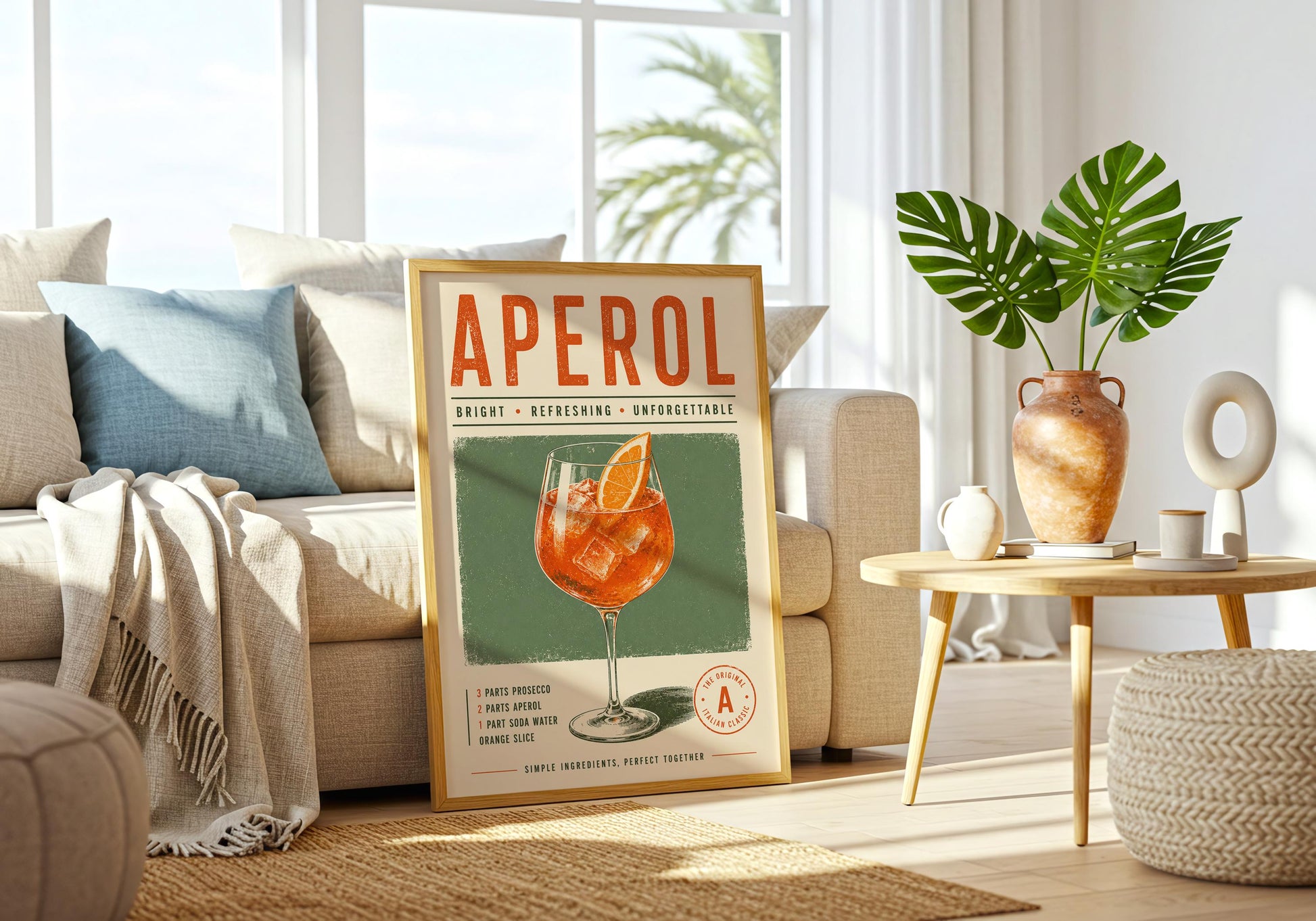 Orange and green cocktail poster with vintage Italian bar aesthetic, suitable for home bar and kitchen gallery wall decor.
