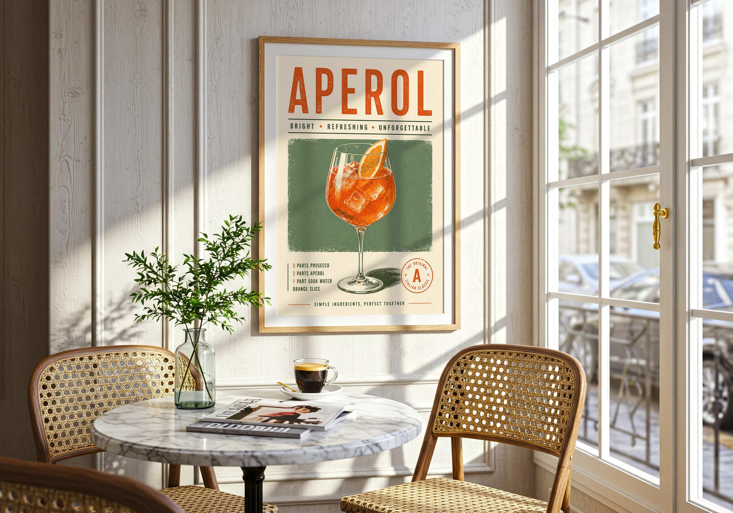 Italian aperitivo poster featuring a large orange Aperol title, illustrated spritz cocktail and vintage typography.