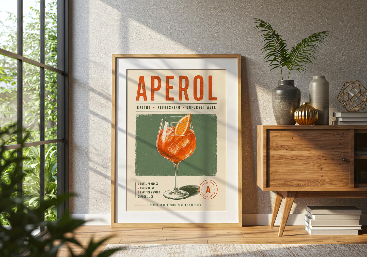 Aperol Spritz kitchen wall art with distressed retro texture, classic cocktail illustration and Italian-inspired design.