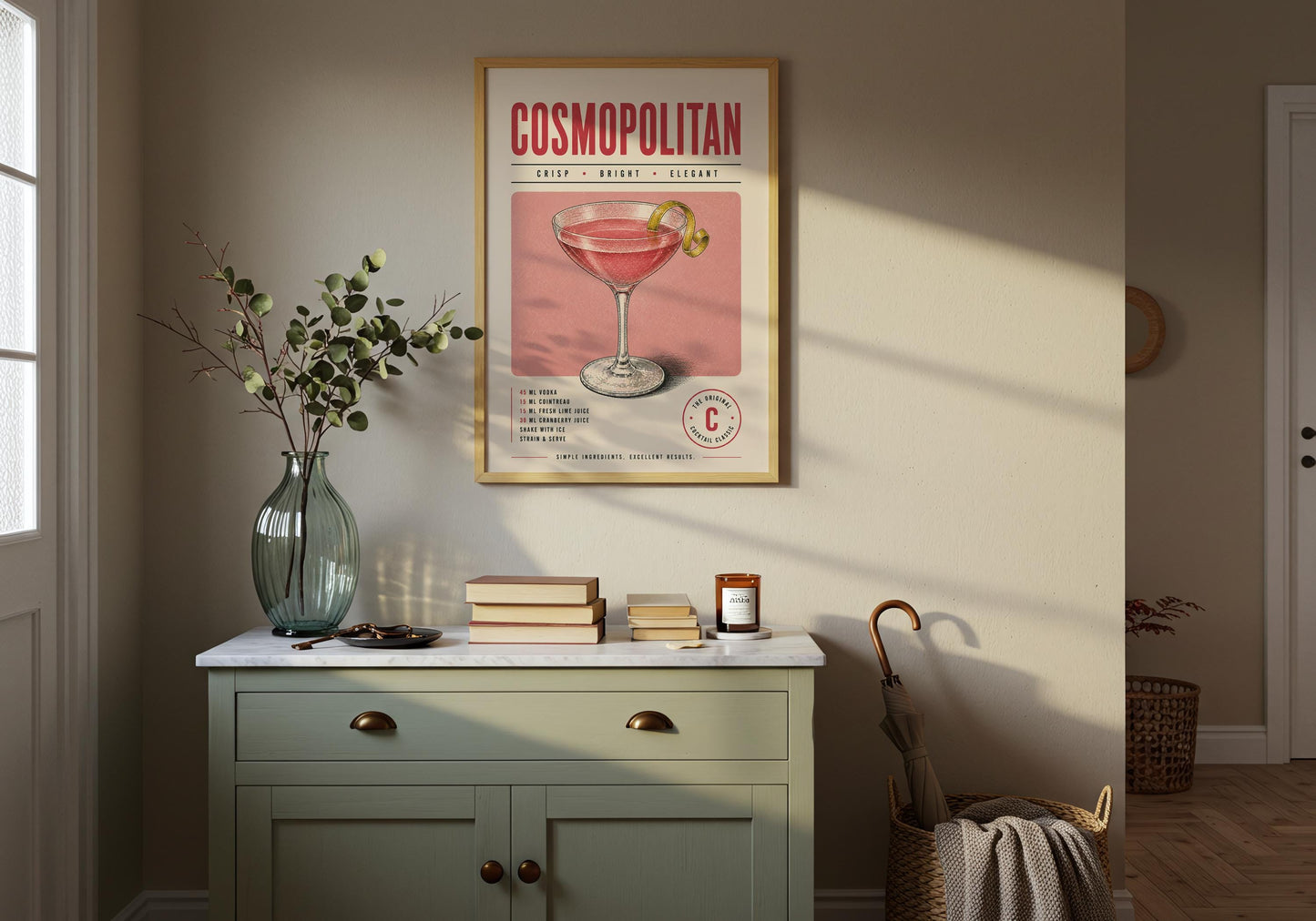 Vintage drinks advertising style Cosmopolitan poster in blush pink, red and cream tones.