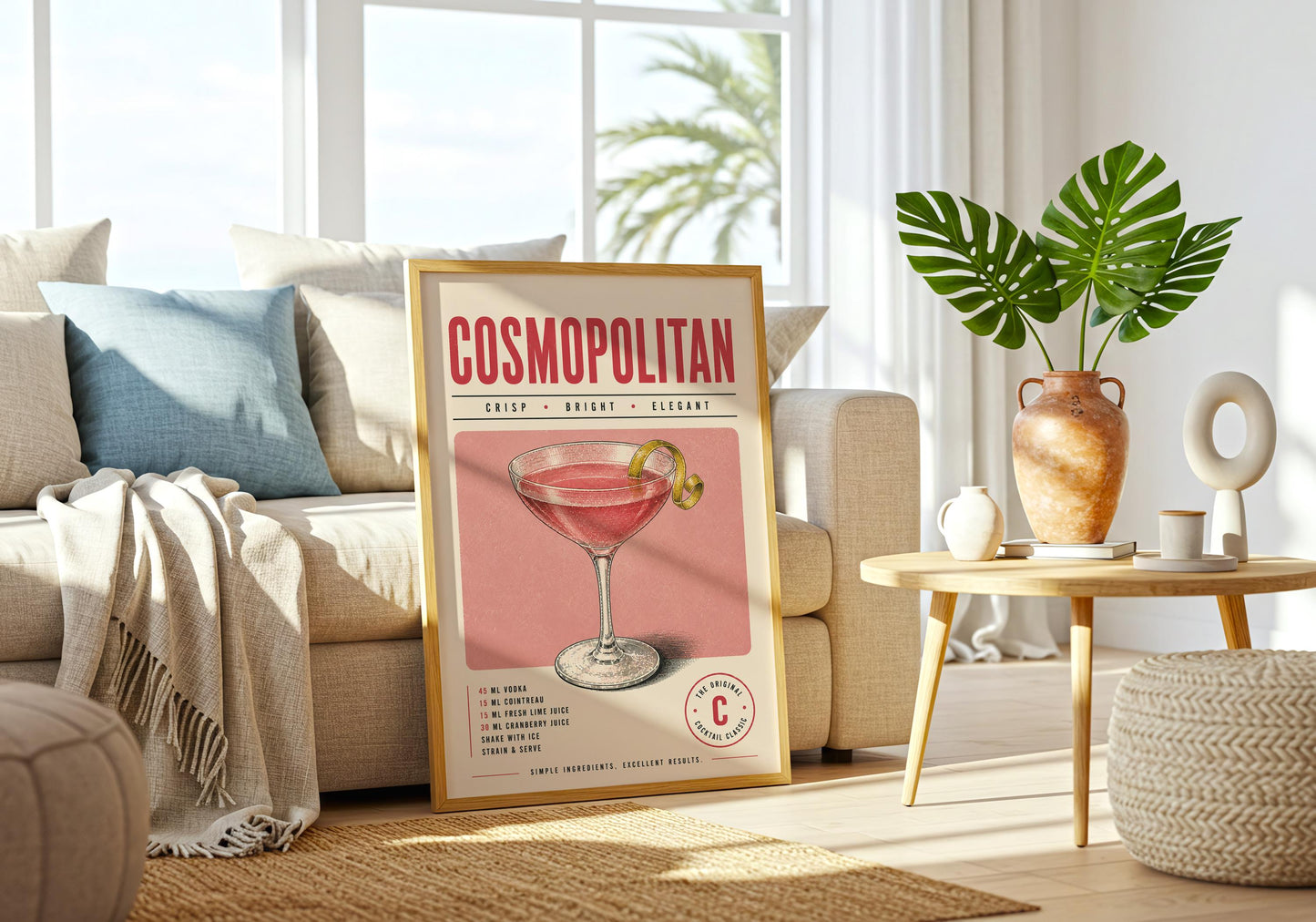 Pink cocktail wall art with bold red Cosmopolitan lettering, blush background and vintage illustration style.