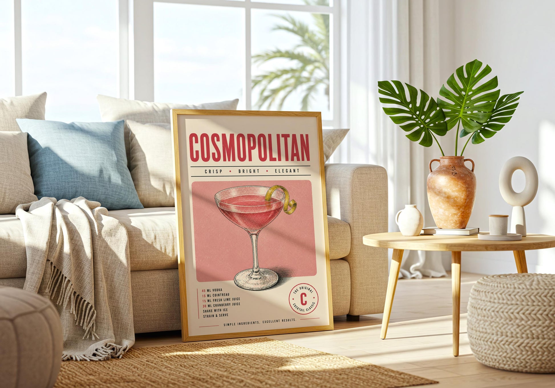 Pink cocktail wall art with bold red Cosmopolitan lettering, blush background and vintage illustration style.