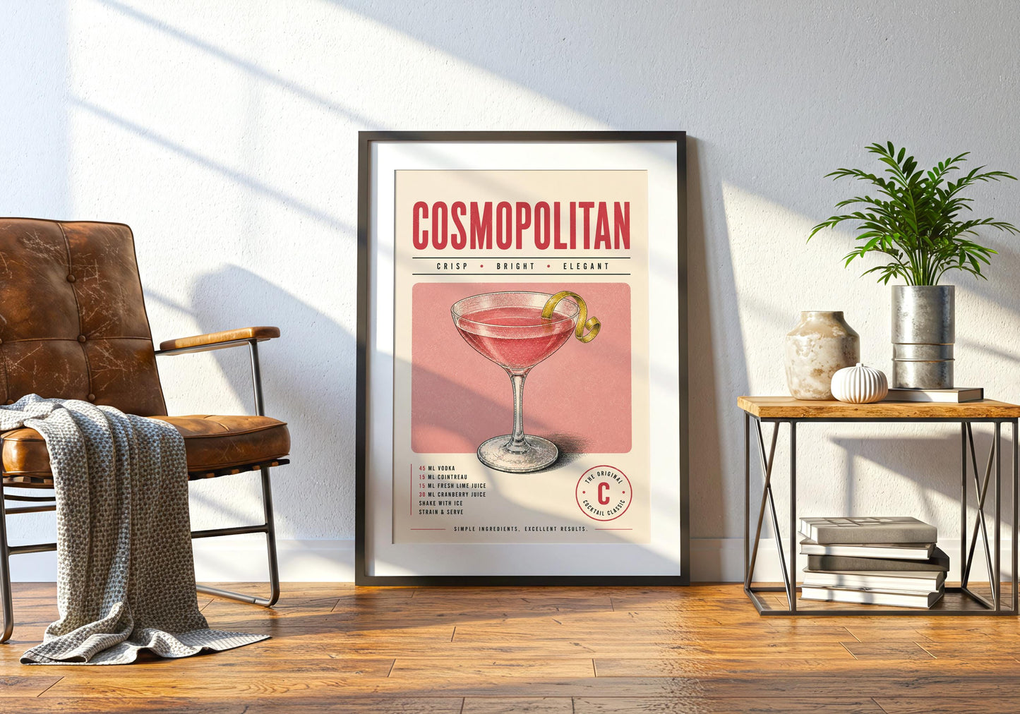 Cosmopolitan wall art with distressed vintage texture designed for a colourful kitchen, dining room or home bar.