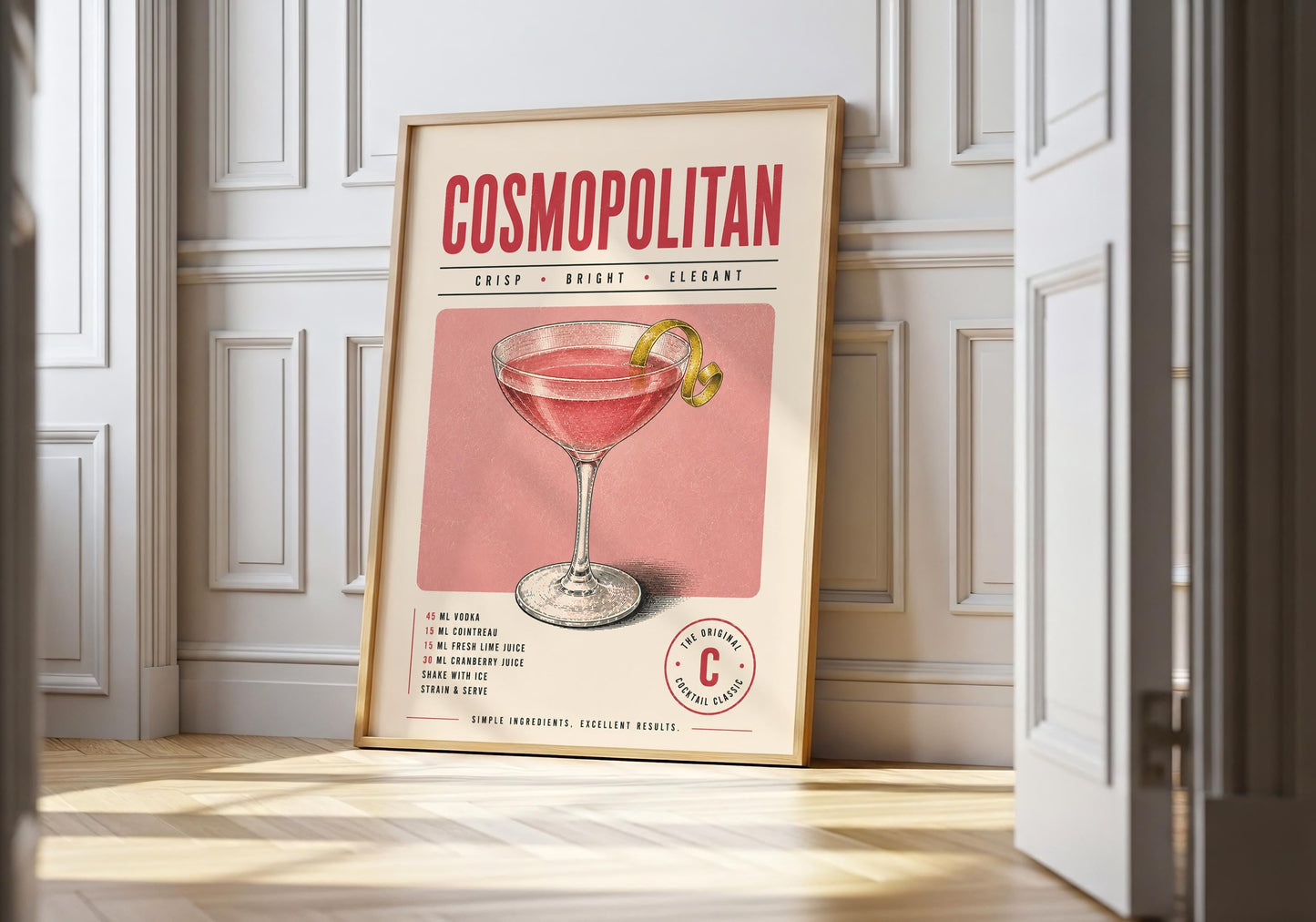 Retro Cosmopolitan cocktail poster featuring a pink drink in an elegant coupe glass with curled citrus garnish.