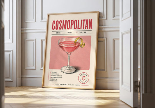 Retro Cosmopolitan cocktail poster featuring a pink drink in an elegant coupe glass with curled citrus garnish.