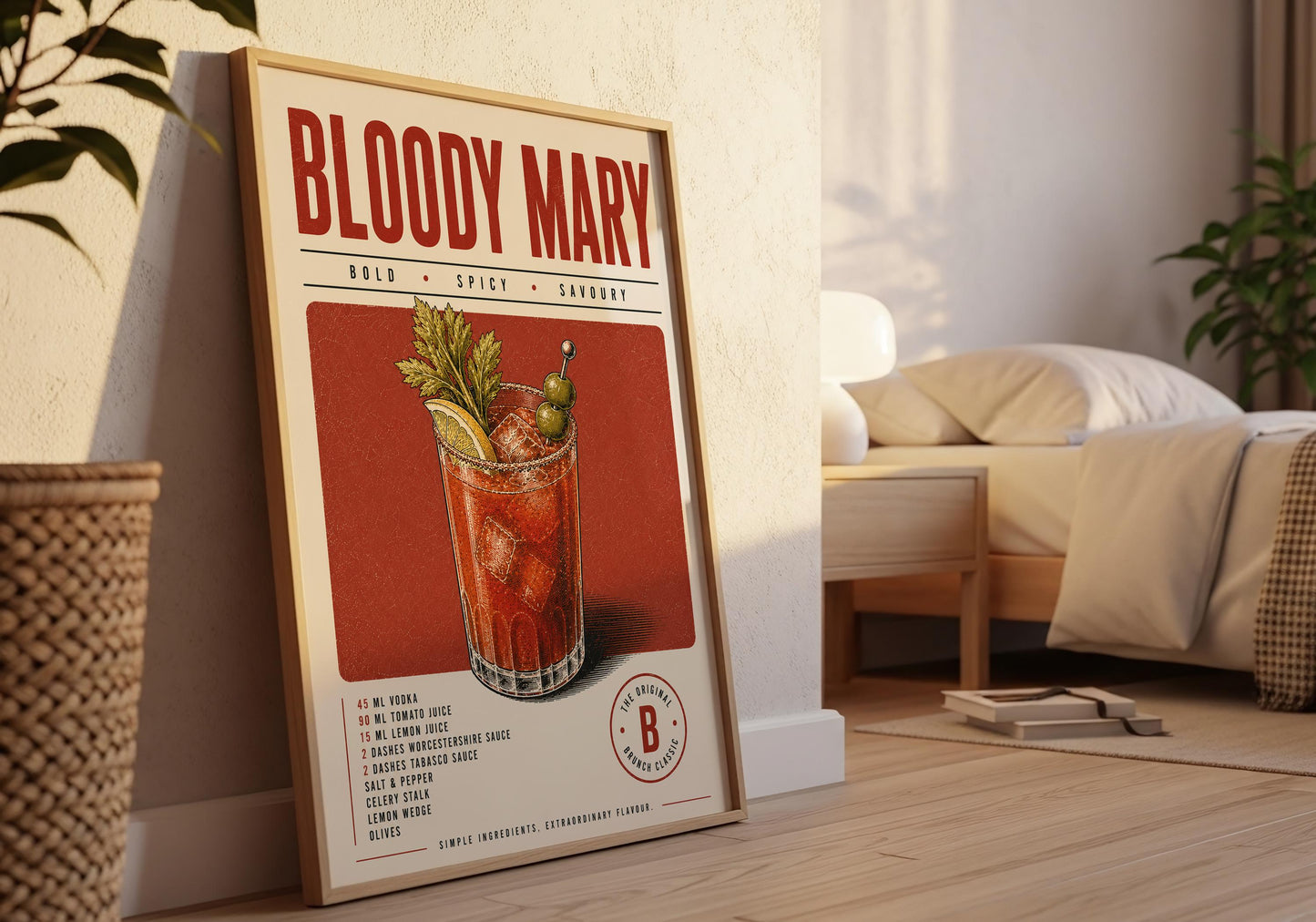 Framed Bloody Mary cocktail print displayed against elegant white wall panelling in a bright neutral interior.