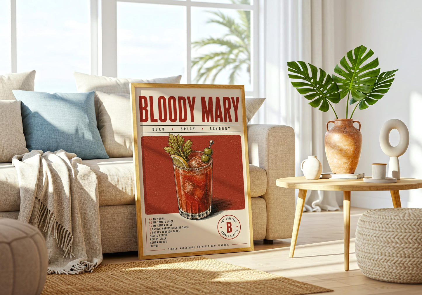 Bloody Mary cocktail poster with distressed vintage texture, recipe details and bold old-fashioned typography.