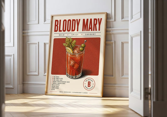 Vintage Bloody Mary cocktail poster featuring a red drink garnished with celery, green olives and a lemon wedge.