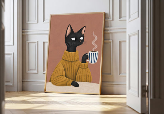 Black cat print showing a deadpan black cat in a mustard jumper holding a striped coffee mug, leaning in a light natural-wood hero frame against bright white panelling.