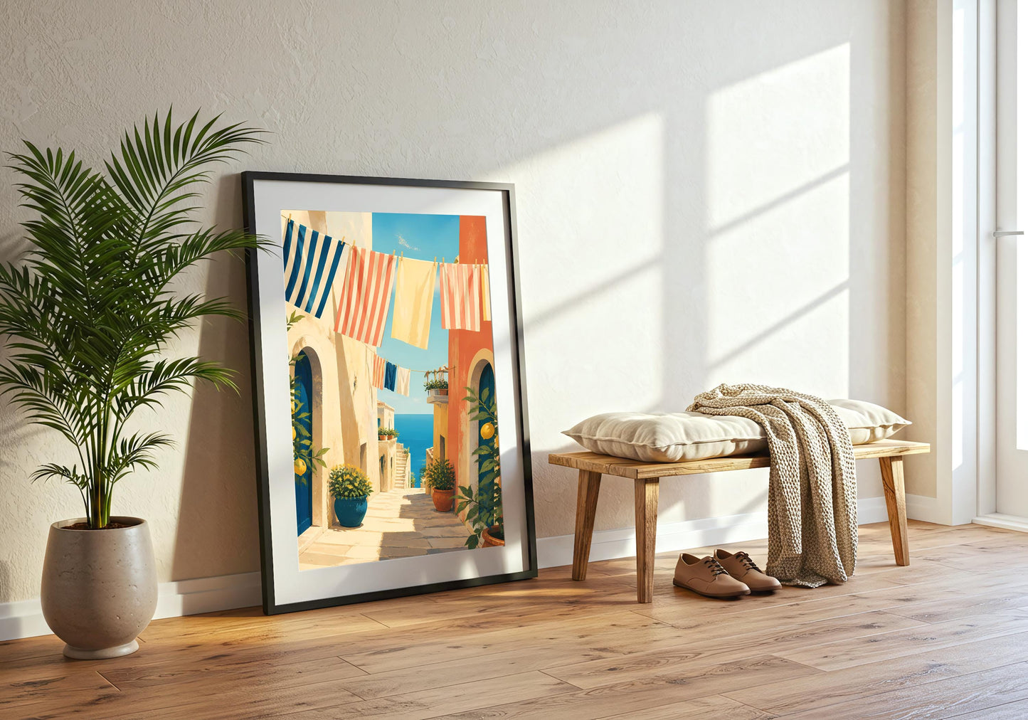 European street scene canvas print, hanging laundry line art, terracotta plant pots, kitchen or hallway wall art