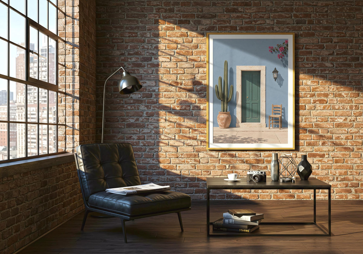 Doorway wall print with a forest-green door in a powder-blue wall with cactus, chair and flowers, hung in a pale frame against an exposed-brick wall.