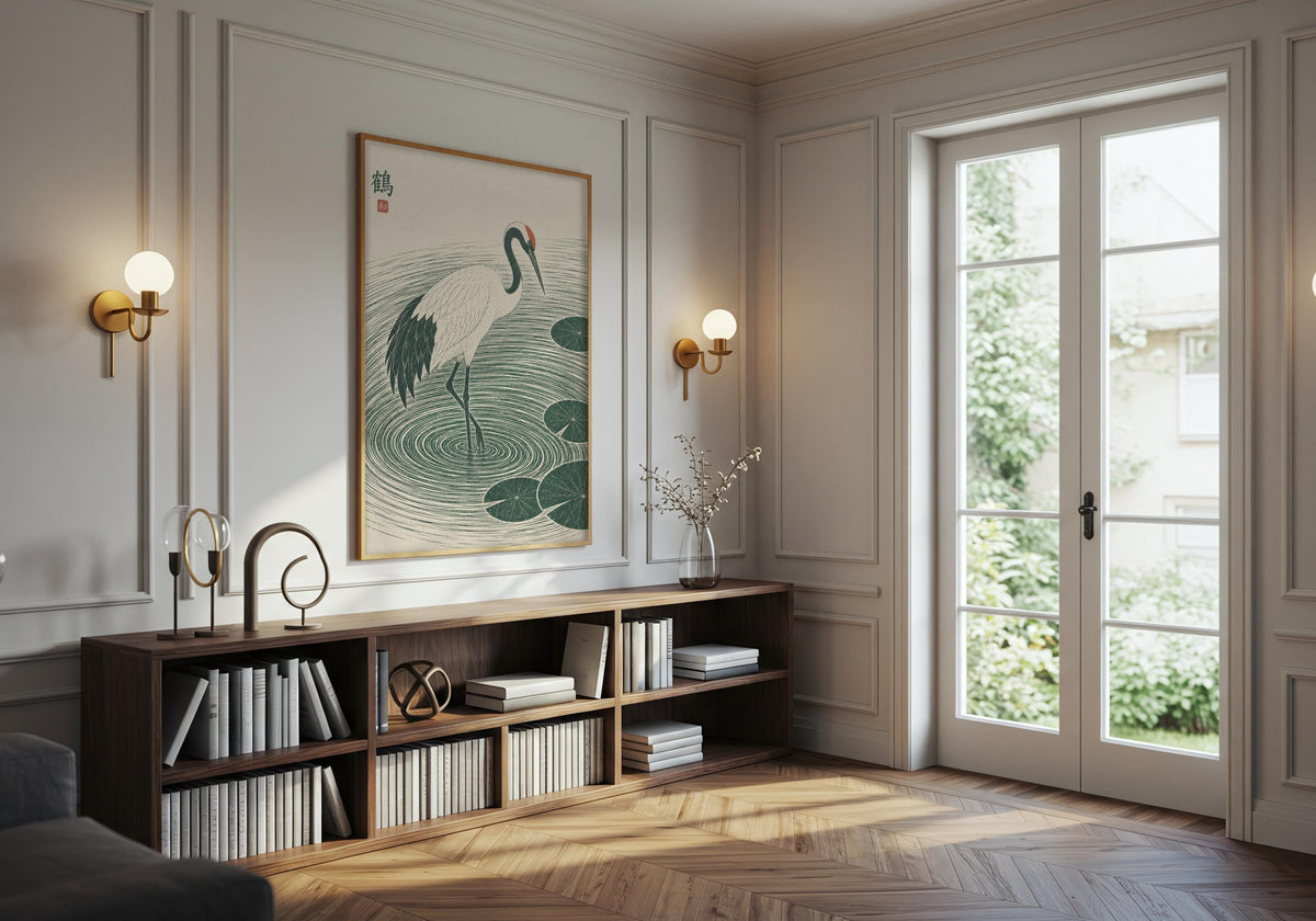 Zen nature decor showing a white crane stepping through deep green ripples and lily pads, hung in a dark frame above a low media console.